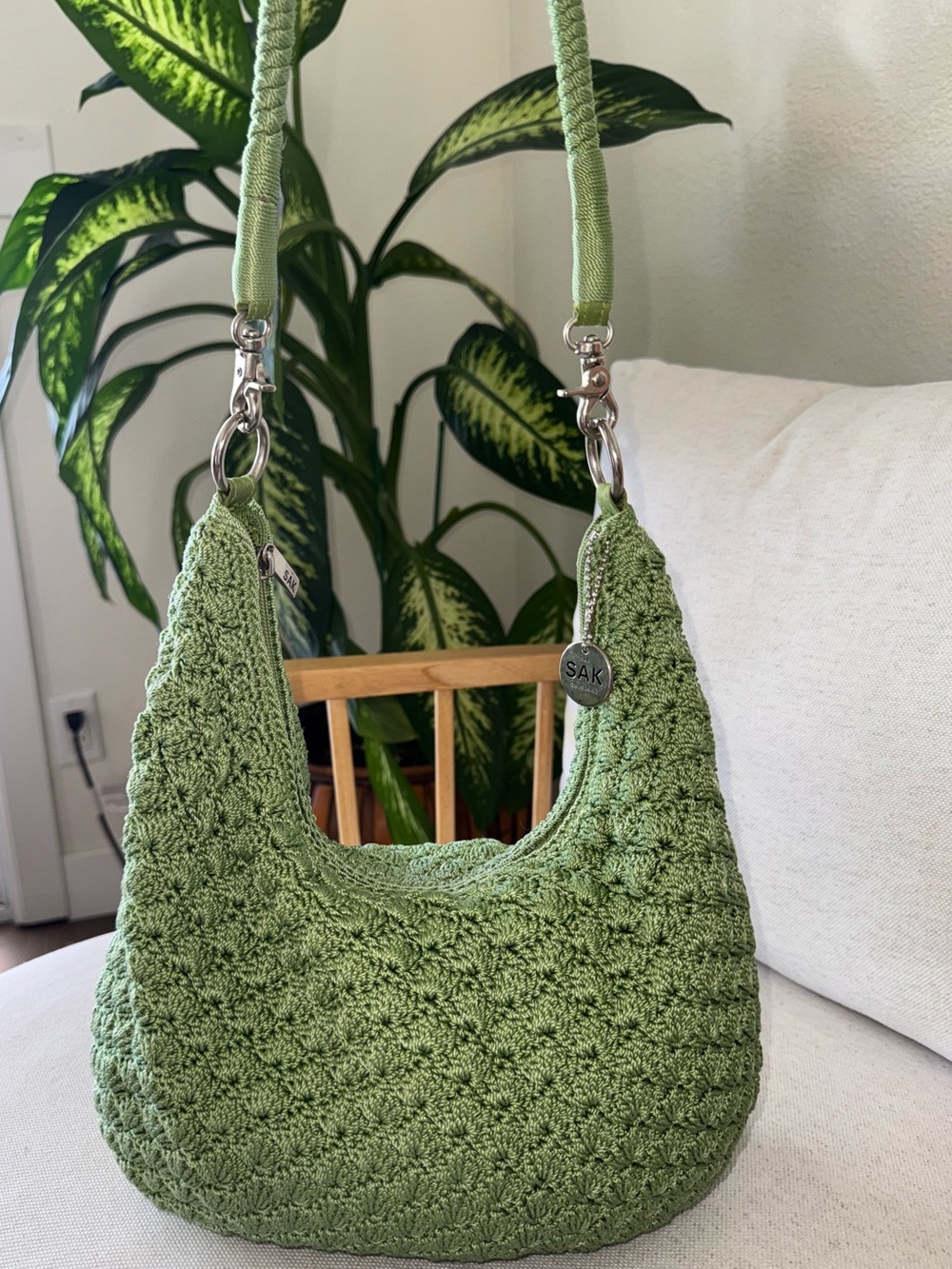 The Sak Granny Crochet Sage Green Slouchy Hobo Woven Bag Women’s Shoulder Purse